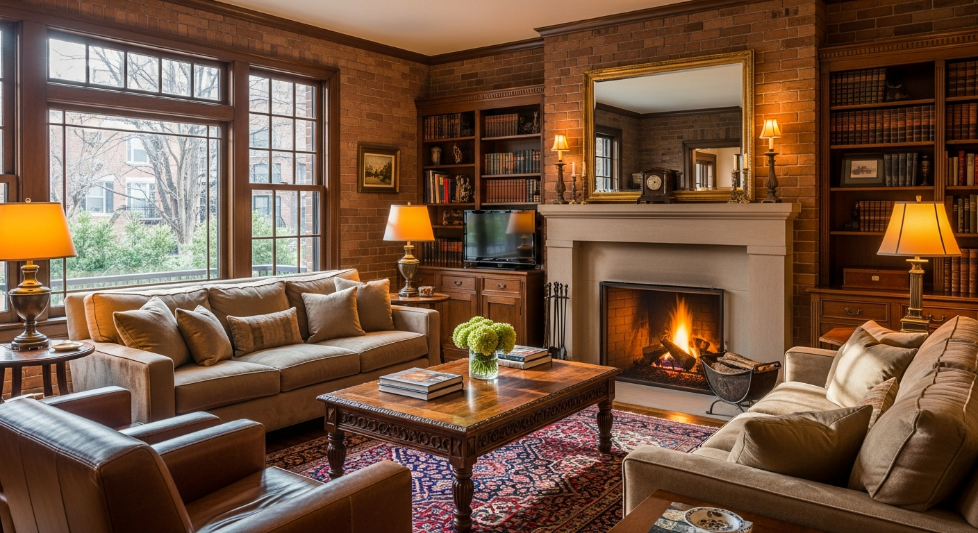 Comfortable traditional brick Denver home interior with warm refined furnishings